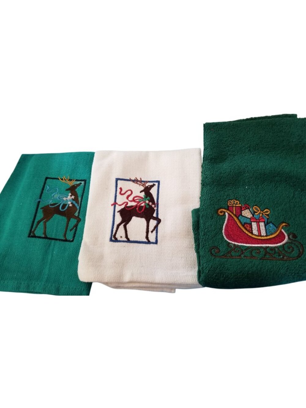 Kitchen Towel Embroidered 100%  Set 3 Cotton 2 Green 1 White  Holiday Reindeer S